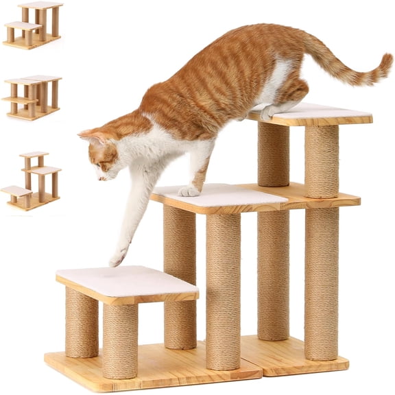 Dog Stairs, Solid Wood Pet Stairs with Cat Scratching Post, Transformable Cat Ramp Can Hold Up to 200 lbs, 20 Inch Pet Steps for Dogs and Cats to Climb High Bed and Couch, Over 6 Combinations