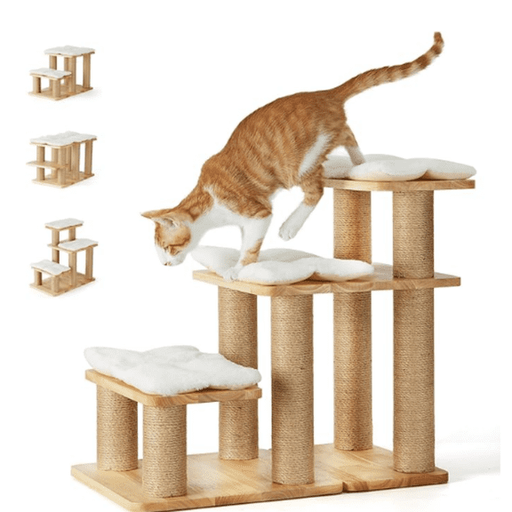Dog Stairs, Solid Wood Pet Stairs with Cat Scratching Post, Transformable Cat Ramp Can Hold Up to 200 lbs, 20 Inch Pet Steps for Dogs and Cats to Climb High Bed and Couch, Over 6 Combinations