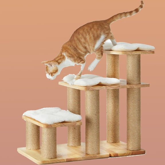 Dog Stairs, Solid Wood Pet Stairs with Scratching Post, Transformable Ramp Can Hold Up to 200 lbs, Pet Steps for Climb High Bed and Couch, Over 6 Combinations