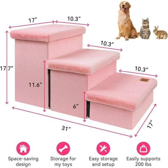 Dog Stairs with Storage 18" H, 3-Step Wider Dog Steps for Large/Medium/Small Older Dogs Cats, Folding Sturdy Pet Stairs Climbing Bed or Couch, Ramp for Car Up to 200 lbs, No Condo,Pink Furry Lid