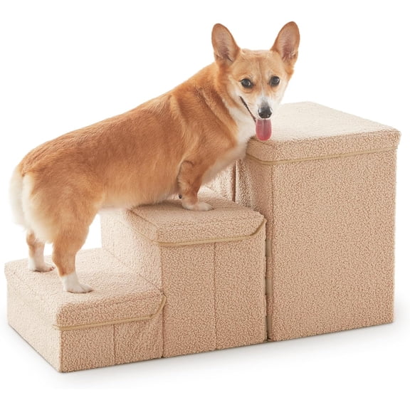 Dog Stairs with Storage, 3-Step Sturdy Dog Steps for Small Medium or Large Older Dogs Cats, Folding Pet Stairs Climbing Sofas, high beds, Windows and Cars (Beige, No Condo,16.7" H)