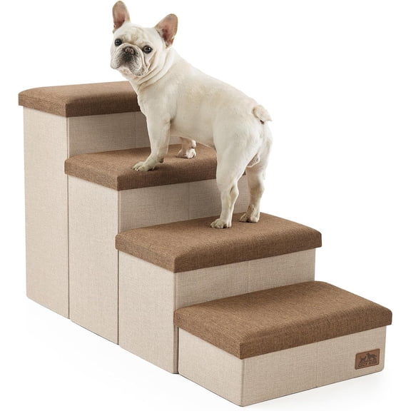 Dog Stairs with Storage, 4-Step Wider Sturdy Dog Steps for Small/Medium/Large Dogs and Older Cats, Folding Doggie Ramp for Bed/Couch/Car Hold Up to 180 lbs (22" H, Brown)