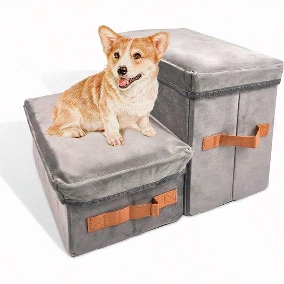 Dog Stairs With Storage Foldable Dog Steps For Sofa High Beds Portable Pet Storage Stepper For Small Pets Dogs Cats 2 Steps Grey
