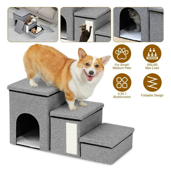Dog Stairs for Bed & Couch 42cm - Foldable Pet Steps for Small Dogs & Cats, 4-in-1 Adjustable Ramp with Storage & Scratcher, Holds 180lbs