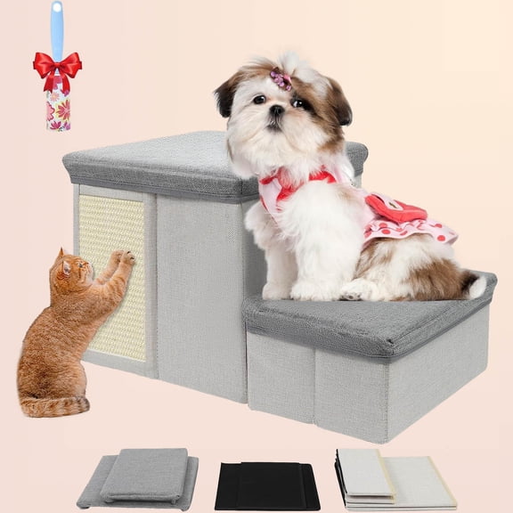 Dog Stairs for Bed Couch Folding with Storage, Steps for Dogs to Get On Bed with Cat Condo, Pet Stair Steps for High Beds, Pet Ramp
