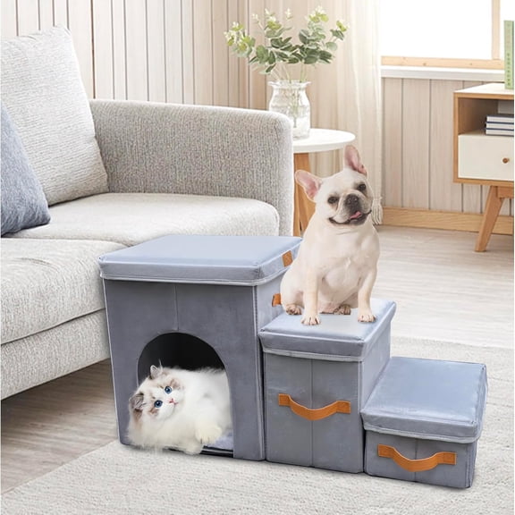 Dog Stairs for High Beds, Pet Steps for Dogs, Foldable Cat Stairs with Storage & Condo, Pet Stairs for Couch & Window Sill