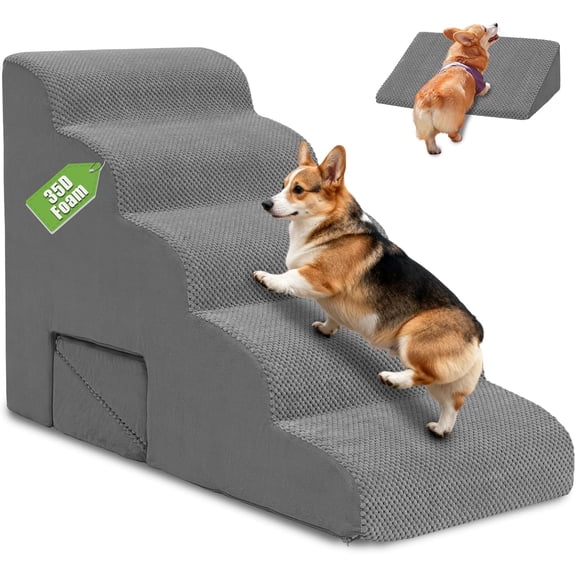 Dog Stairs for Small Dogs, 5 Tier Dog Steps for Bed and Couch, 23" H Non-Slip Balanced Pet Stairs with 2 Pet Ramps, Gray