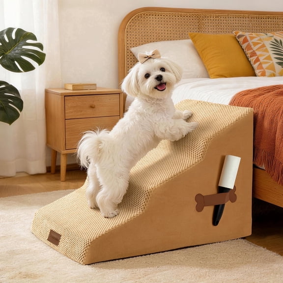 YUWENUS Pet Stairs 3-Step Dog Ramp for Beds or Couches, Non-Slip 16" Dog Stairs for Small Dogs, White