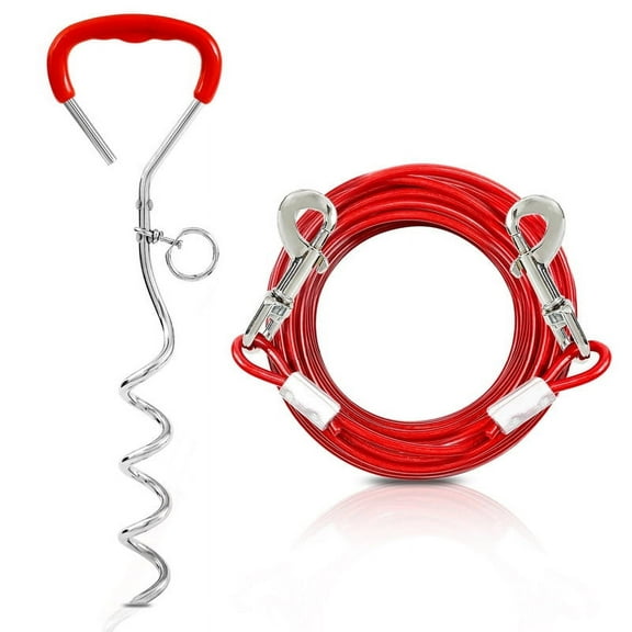 Dog Stake and Tie Out Cable with Spring for Medium Large Dog - Red, 125lbs 20ft