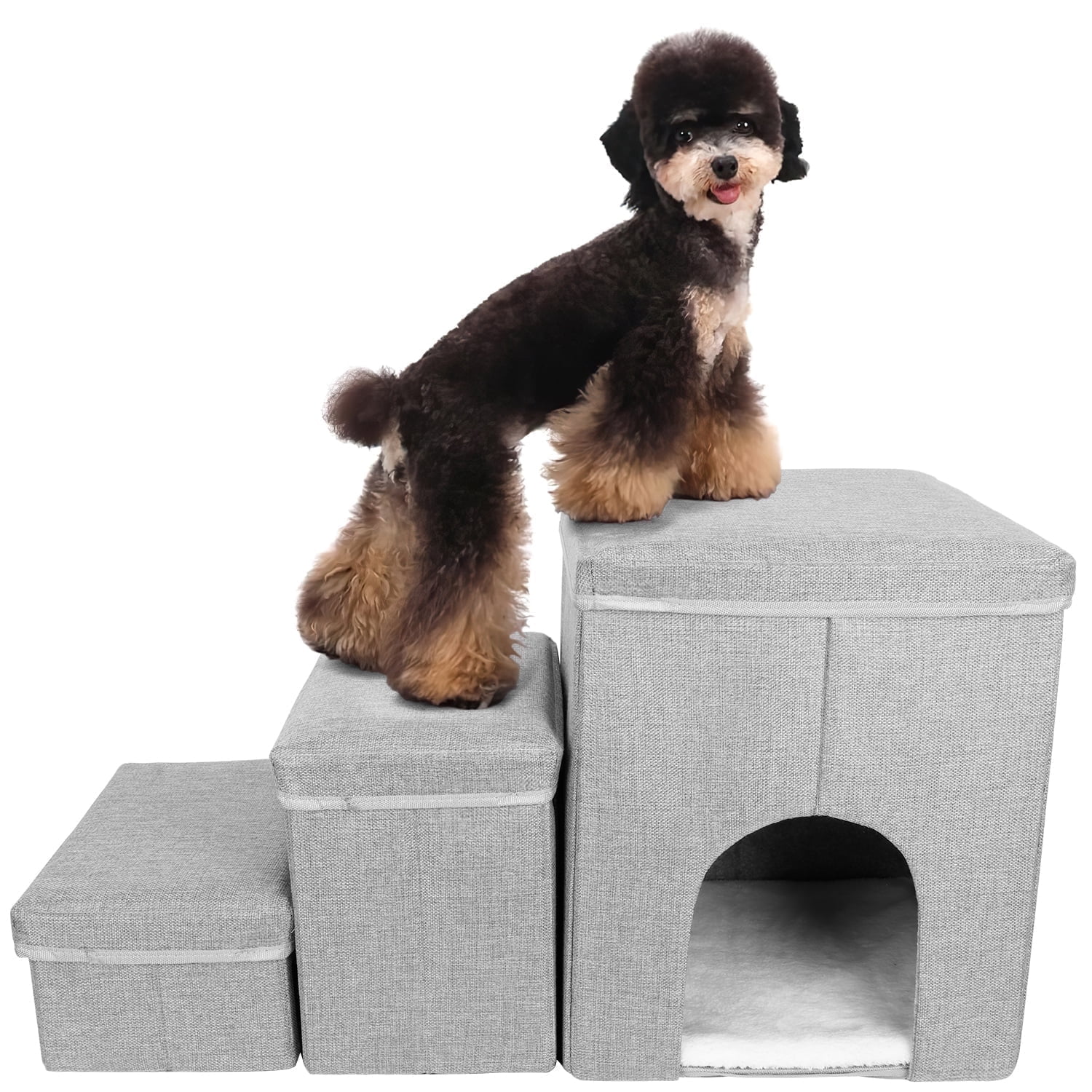Xueyu Cat House Dog Stairs for Beds and Sofa, Foldable 3 Tier Dog Steps with Storage Toy Box, Small Indoor Pet Stairs, Grey, Perfect for Puppies and Kittens