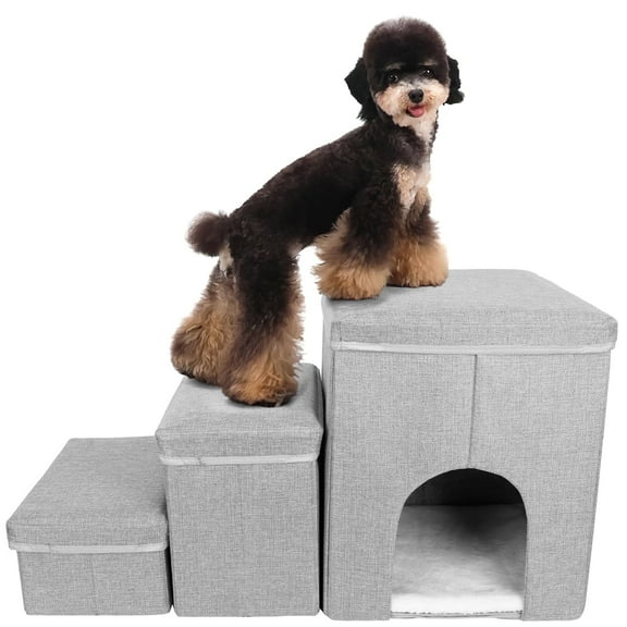 Xueyu Cat House Dog Stairs for Beds and Sofa, Foldable 3 Tier Dog Steps with Storage Toy Box, Small Indoor Pet Stairs, Grey, Perfect for Puppies and Kittens