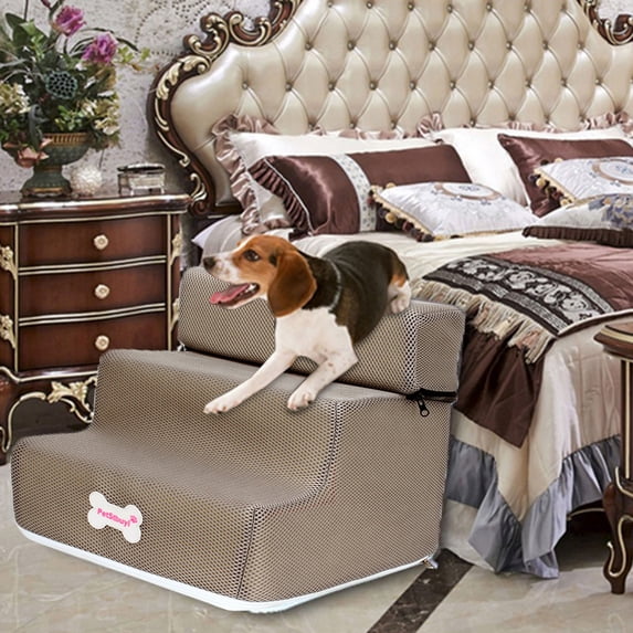 Dog Step Stairs Pet Ladder Cover - 13.8" x 11.8" x 11.8" Removable Washable Non- Cover for Small Dogs - Dog Ramp for Bed Couch Car(Khaki)