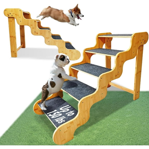 Dog Steps for Bed,24 Inches 5 Step Dog Stairs for Senior Pets to Get On 30 Inches High Beds/Car,Made of Bamboo Can Support Large Dogs Weighing Up to 160 LB