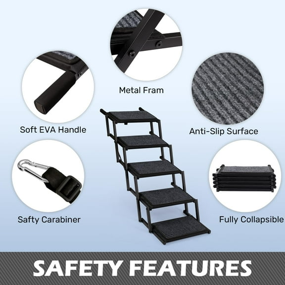 Dog Steps for Car Truck SUV - Foldable Pet Stairs with Non-Slip Rug Surface, Lightweight Ramp Holds 250lbs, 5 Steps Black Metal Frame