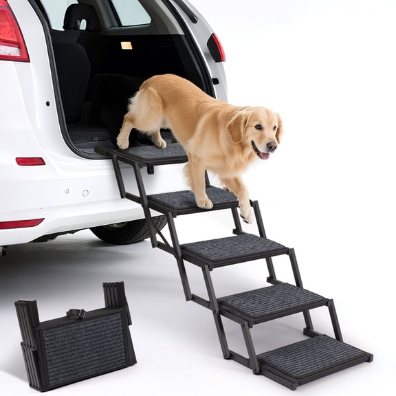 Dog Steps for Car, Truck and SUV - Foldable Pet Stairs for Large Dogs with Non-Slip Rug Surface, Lightweight Dog Ramp Holds Up to 250lbs, 5 Steps