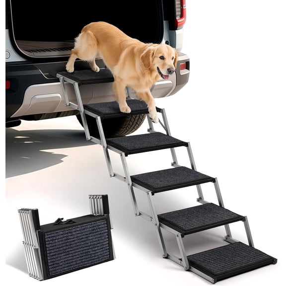 Dog Steps for Car, Truck and SUV - Foldable Pet Stairs for Large Dogs with Non-Slip Rug Surface, Lightweight Dog Ramp Holds Up to 250lbs, 6 Steps