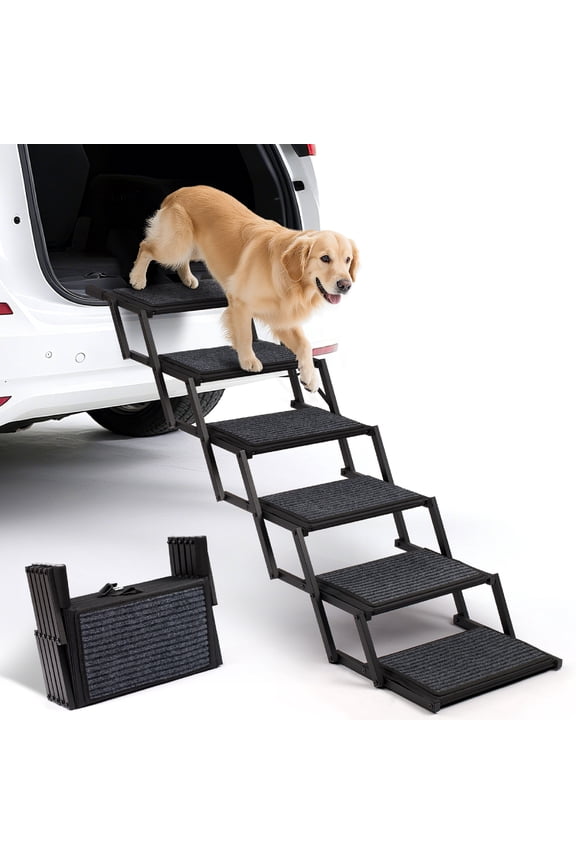 Dog Steps for Car, Truck and SUV - Foldable Pet Stairs for Large Dogs with Non-Slip Rug Surface, Lightweight Dog Ramp Holds Up to 250lbs, 6 Steps