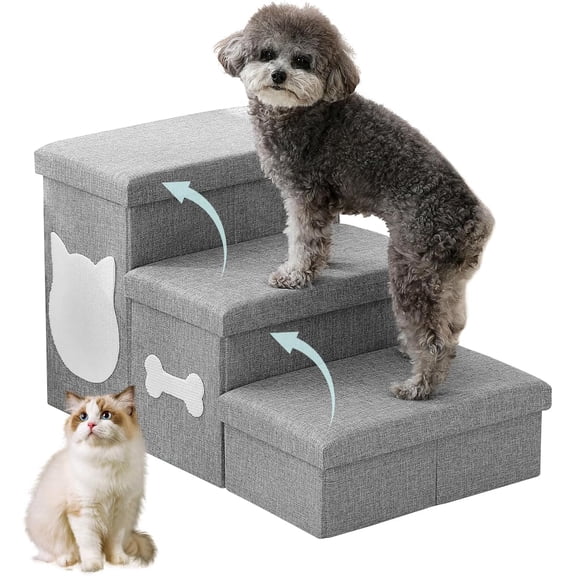 Dog Steps for High Bed, Foldable Dog Stairs with Storage, Grey