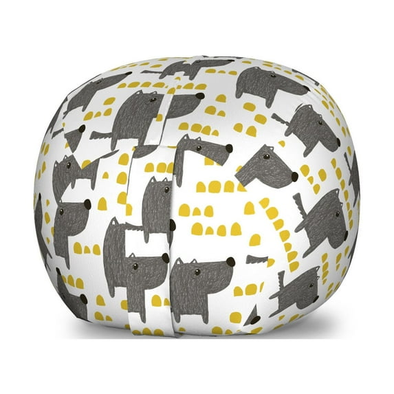 Dog Storage Toy Bag Chair, Sketch Style Canine with Abstract Yellow Toned Dots Greyscale Cartoon Pets, Stuffed Animal Organizer Washable Bag, Small Size, Grey Marigold White, by Ambesonne