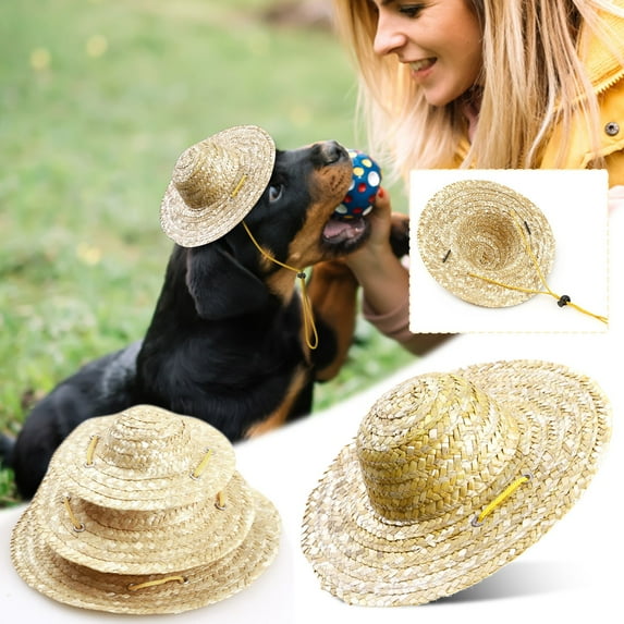 Dog Straw Hat, Vintage Farmer Style Sun Hat for Small Dogs, Adjustable Chin Strap for Photoshoots, Western Themes & Costume Parties MBeige