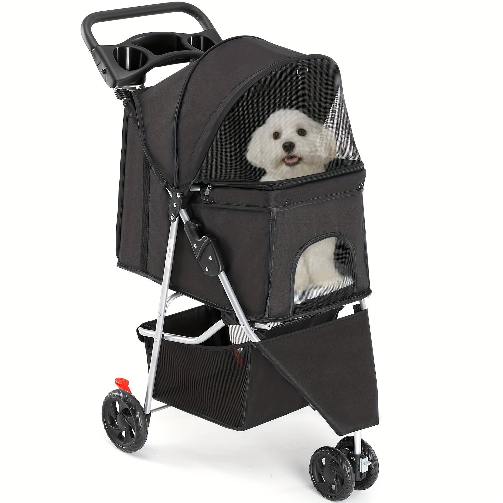 Black 3-Wheel Foldable Dog Stroller with Storage Basket