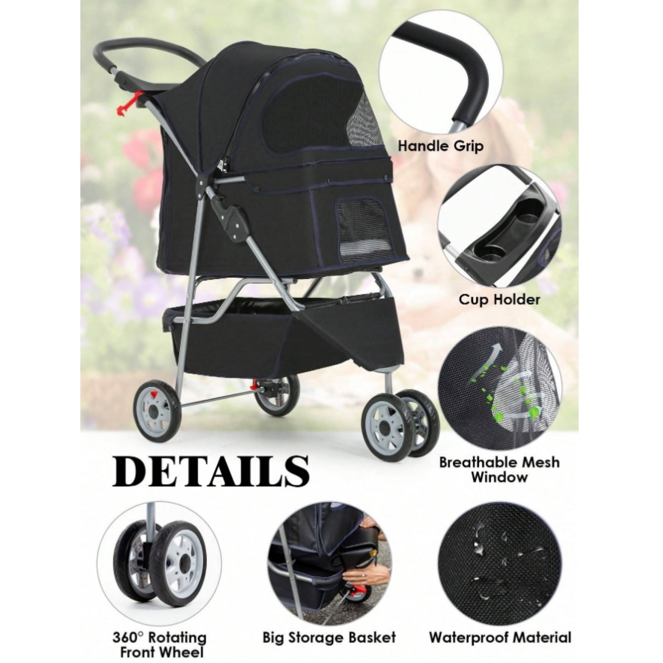 Picture of Dog Stroller, 3 Wheels Pet Cat Jogger Stroller, Folding Carrier ...