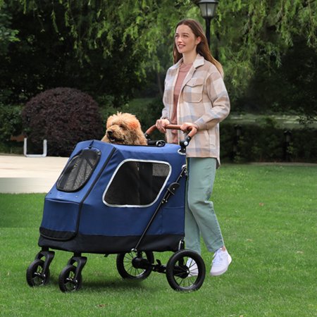 Dog Stroller Foldable Pet Stroller with 4 Wheel&Adjustable Handle,Jogger Stroller for Medium/Large Dogs, Blue