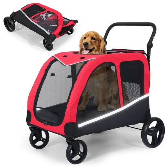 Dog Stroller For Large Dogs, Extra Large Pet Stroller For For Medium Dogs, Dog Stroller For 2 Dogs, Dog Wagon, Dog Carriage, Foldable Design, Adjustable Handle, With Pocket, Up To 160 lbs, Red