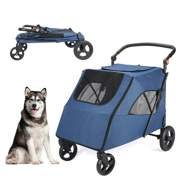 Dog Stroller Pet 75lbs, Foldable Cart with Four 360 Wheels, Mesh Skylight Pet Stroller for Large Dogs and Other Pet Travel, Storage Space Pet Can Easily Walking in/Out (Navy-C, 4 Wheels)