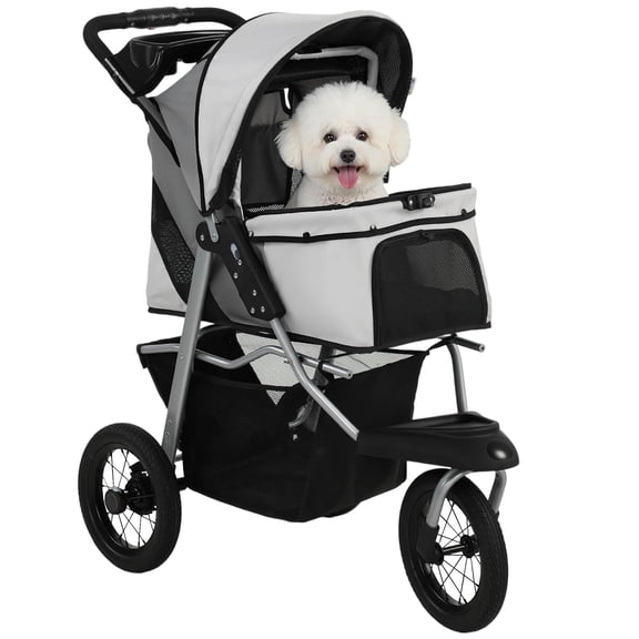 Dog Stroller for Small Dogs, 3 Wheel Foldable Pet Stroller with 12" Rubber Wheels, Mesh Window, One-Foot Brake, Storage Basket and Cup Holder, Up to 22 LBS, Light Gray
