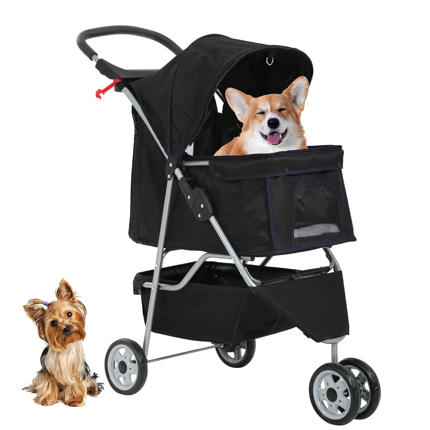 Black 3-Wheel Foldable Dog Stroller with Storage Basket