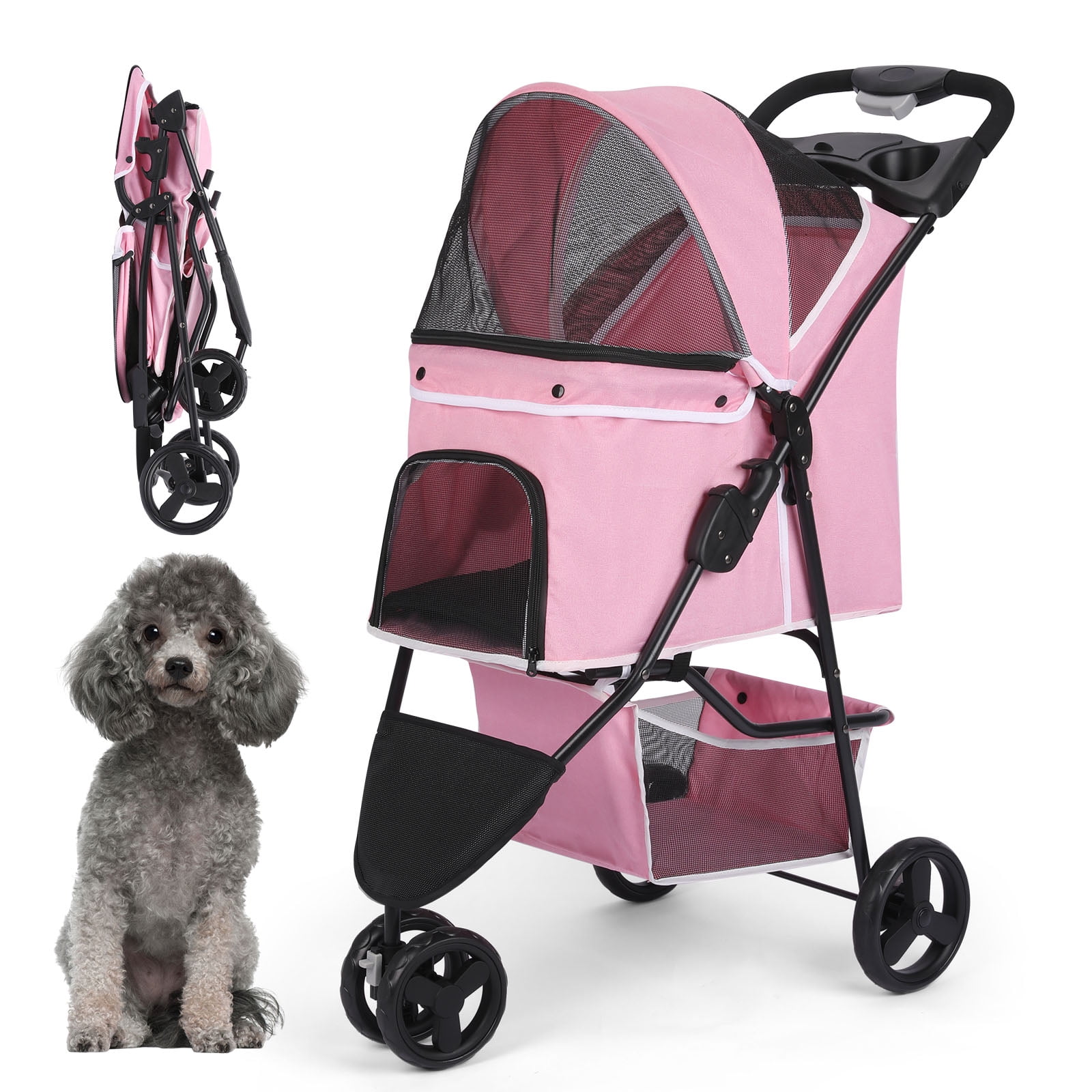 Dog Stroller Wedyvko 3 Wheels Foldable Pet Strollers with Storage Basket and Cup Holder for Small and Medium Cats Dogs Puppies Oxford pink Walmart