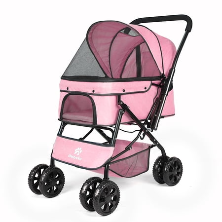 Dog Stroller - Wedyvko Pet Strollers for Medium Dogs and Cats with Reversible Handle for Small Dogs with Mesh Windows, Removable Liner (Pink)