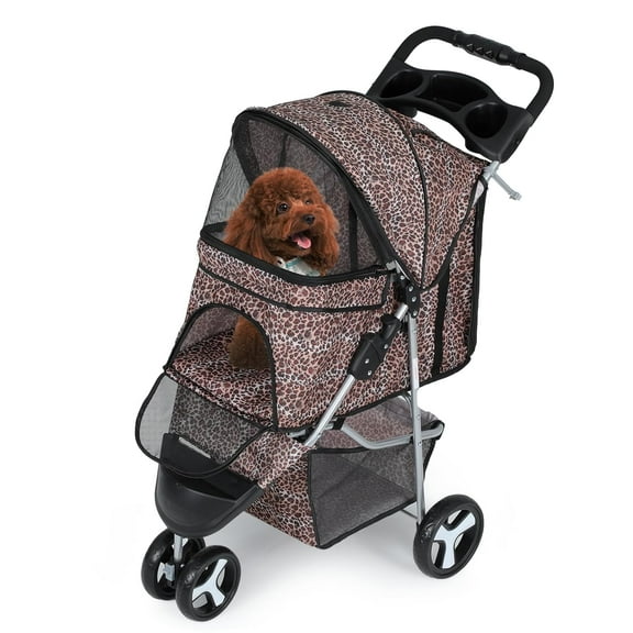 Dog Stroller for Dogs and Cats, Foldable Pet Jogger Stroller with Cup Holders, Cat Stroller w/Bottom Storage for Pets up to 33 lbs, Leopard Print