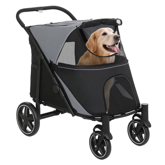 Dog Stroller for Large Dogs up to 66 Lbs - One-Click Foldable Pet Stroller with Storage, Shock Absorption Wheels, Mesh Window, Safety Leash - Gray