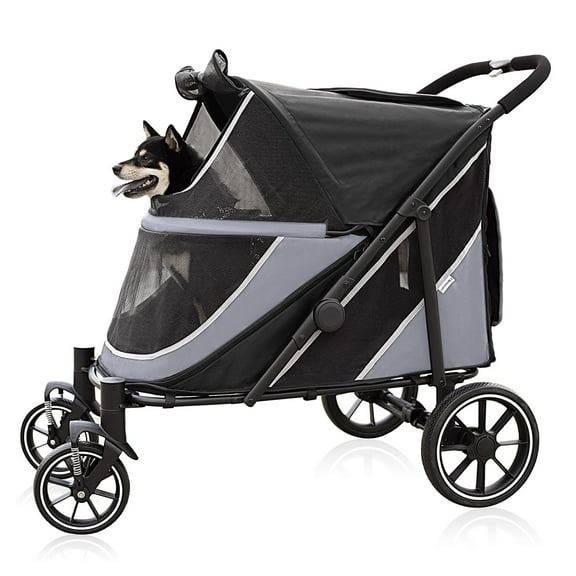 Dog Stroller for Medium/Large Dogs One-Click Folding, Extra Large Pet Stroller for 2 Dogs with Storage Pocket & Shock Absorption, Up to 130 lbs, Grey