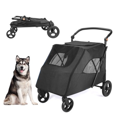 Dog Stroller for Medium Large Dogs - Wedyvko Foldable 4 Wheels Pet Stroller with Adjustable Handle for Small to Large Dogs (Black)