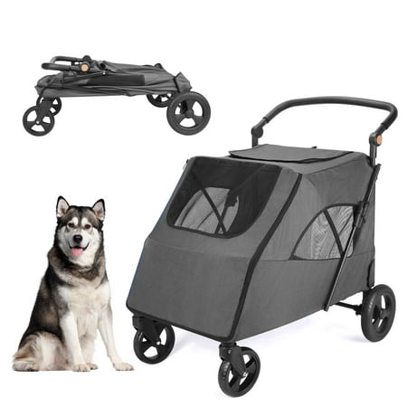 Dog Stroller for Medium Large Dogs - Wedyvko Foldable 4 Wheels Pet Stroller with Adjustable Handle for Small to Large Dogs (Dark gray)