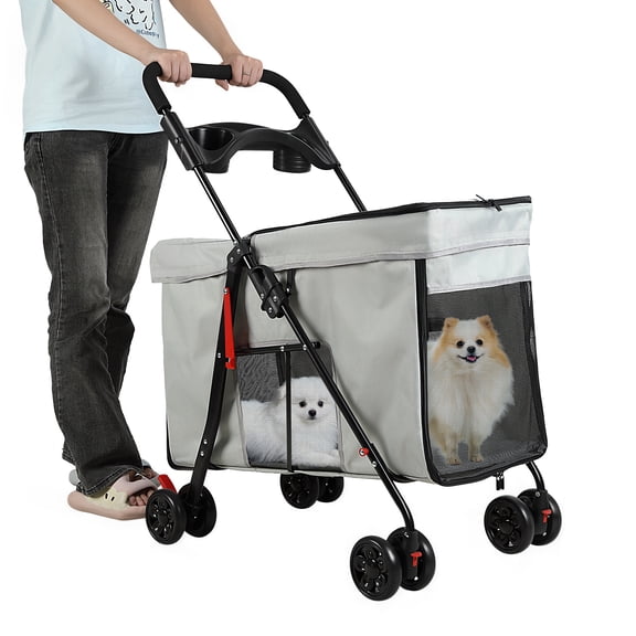 Dog Stroller with 360-degree Wheels, Foldable Pet Cart, 5 Ventilation Windows & Removable Tray, Outdoor Travel Dog Cart for Small/Medium Dogs