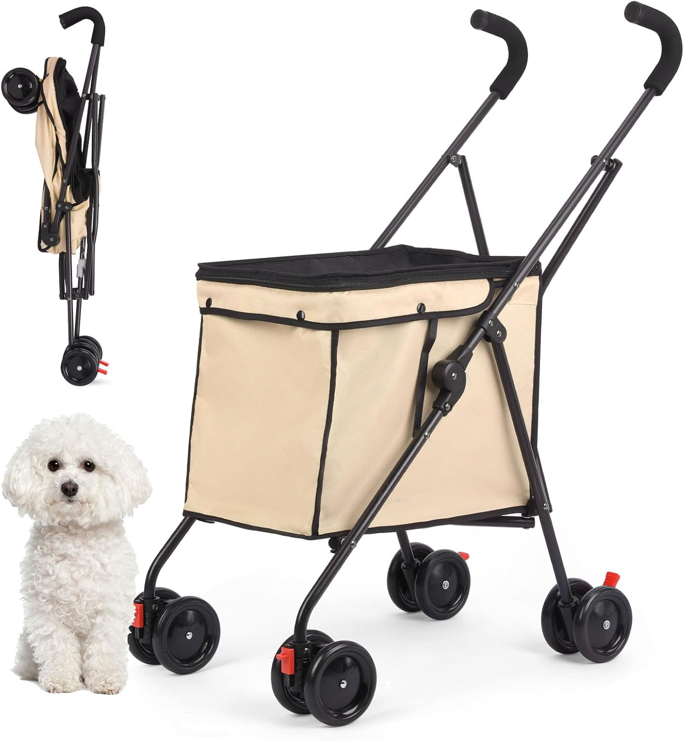 Dog Strollers, Shopping Cart, Collapsible Folding Utility Wagons Carts Heavy Duty, The Original Patented, 60lbs Capacity, Minimalist for Cats Pets Outdoor Camping Shopping Sports Garden (Khaki)