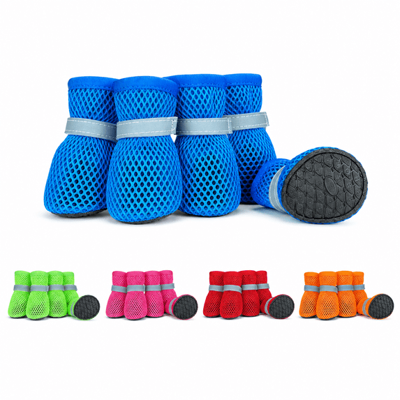 Dog Summer Boots, 4-Pack Breathable Mesh Dog Shoes with Anti-Slip Soft Rubber Sole, Reflective Adjustable Paw Protectors, Red, L