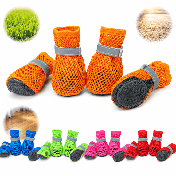 Dog Summer Boots, 4-Pack Breathable Mesh Dog Shoes with Anti-Slip Soft Rubber Sole, Reflective Adjustable Paw Protectors, Rose Red, L