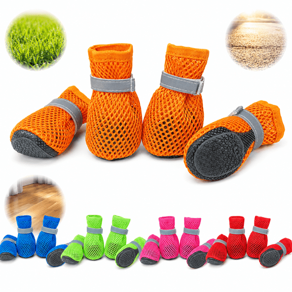 Dog Summer Boots, 4-Pack Breathable Mesh Dog Shoes with Anti-Slip Soft Rubber Sole, Reflective Adjustable Paw Protectors, Rose Red, S