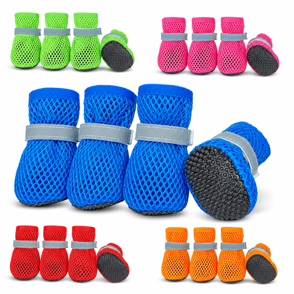 Dog Summer Boots, 4-Pack Breathable Mesh Dog Shoes with Anti- Soft Rubber Sole, Reflective Adjustable Paw Protectors