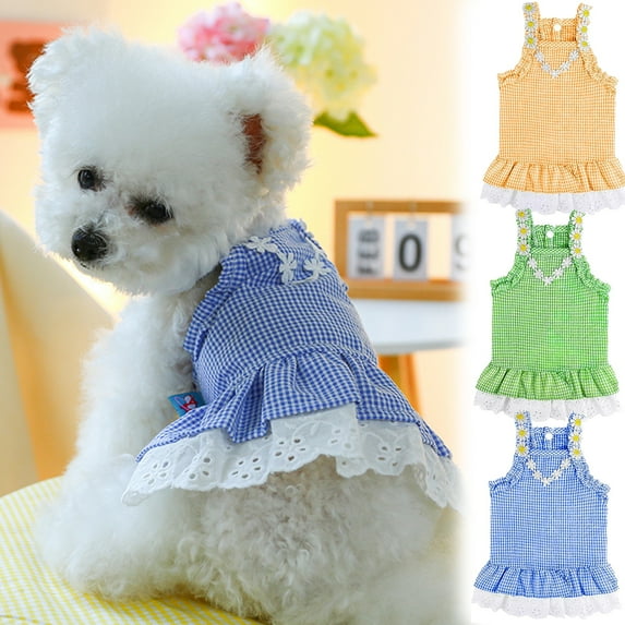 Dog Summer Dress Cute Plaid Sleeveless Sundress Soft Breathable Daisy Princess Puppy Apparel Outfits Cat Puppy Clothes for Small Dogs Girl