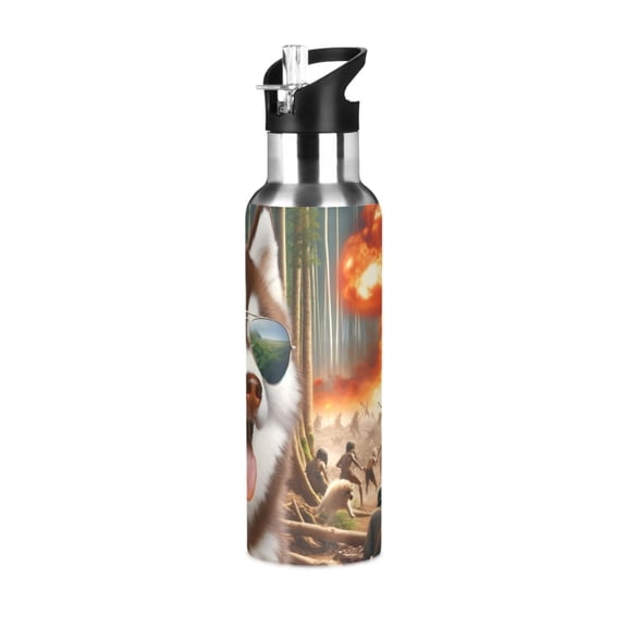 Dog and Sunglasses Boom Forest People Sports Water Bottle with Straw Lid Insulated Stainless Steel Leak Proof BPA Free Thermal Mug with Handle for Gym Yoga Cycling Camping