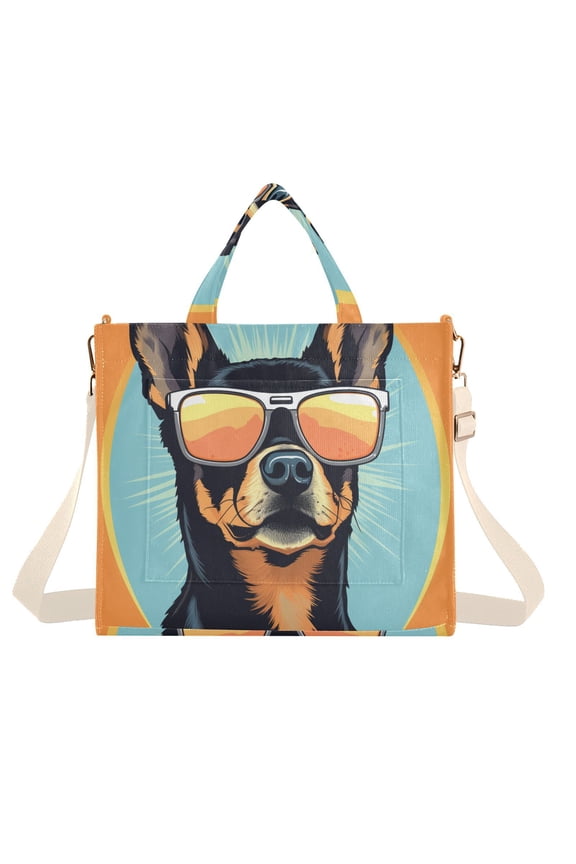 Dog Sunglasses Circle Corduroy Tote Bag Handbag Large Messenger Bag Shoulder Crossbody Zipper Bag Purse