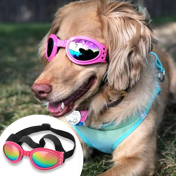 Dog Sunglasses Dog Goggles for Medium Large Breed Dogs, Wind Dust Fog Protection Eye Wear Pet Glasses with Adjustable Strap for Motorcycle Car Driving Bike Riding Hiking Swimming Over 15lbs Pink