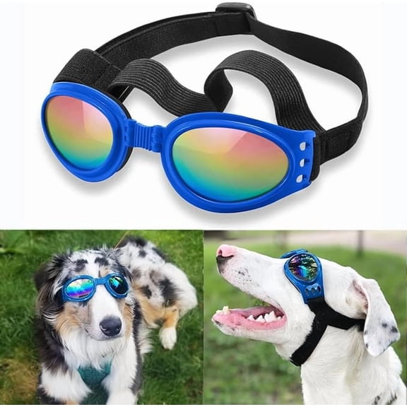 Dog Sunglasses Dog Goggles for Medium Large Breed Dogs, Wind Dust Fog Protection Eye Wear Pet Glasses with Adjustable Strap for Motorcycle Car Driving Bike Riding Hiking Swimming Over 15lbs Blue