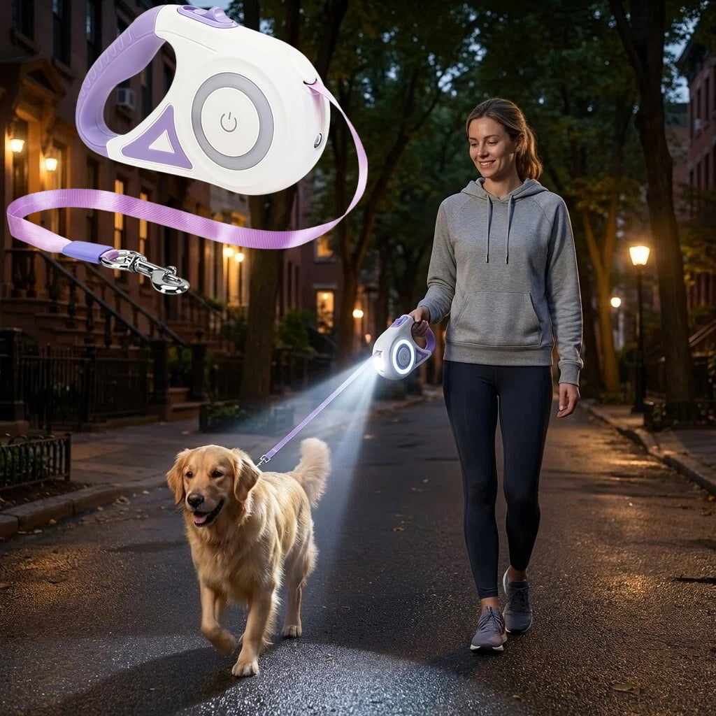 Dog Supplies Luminous Retractable Dog Leash with Front Safety Led Light - 360°Tangle-Free Training Leash for Ultimum Freedom with Anti Slip Handle Dogs & Cats - Purple